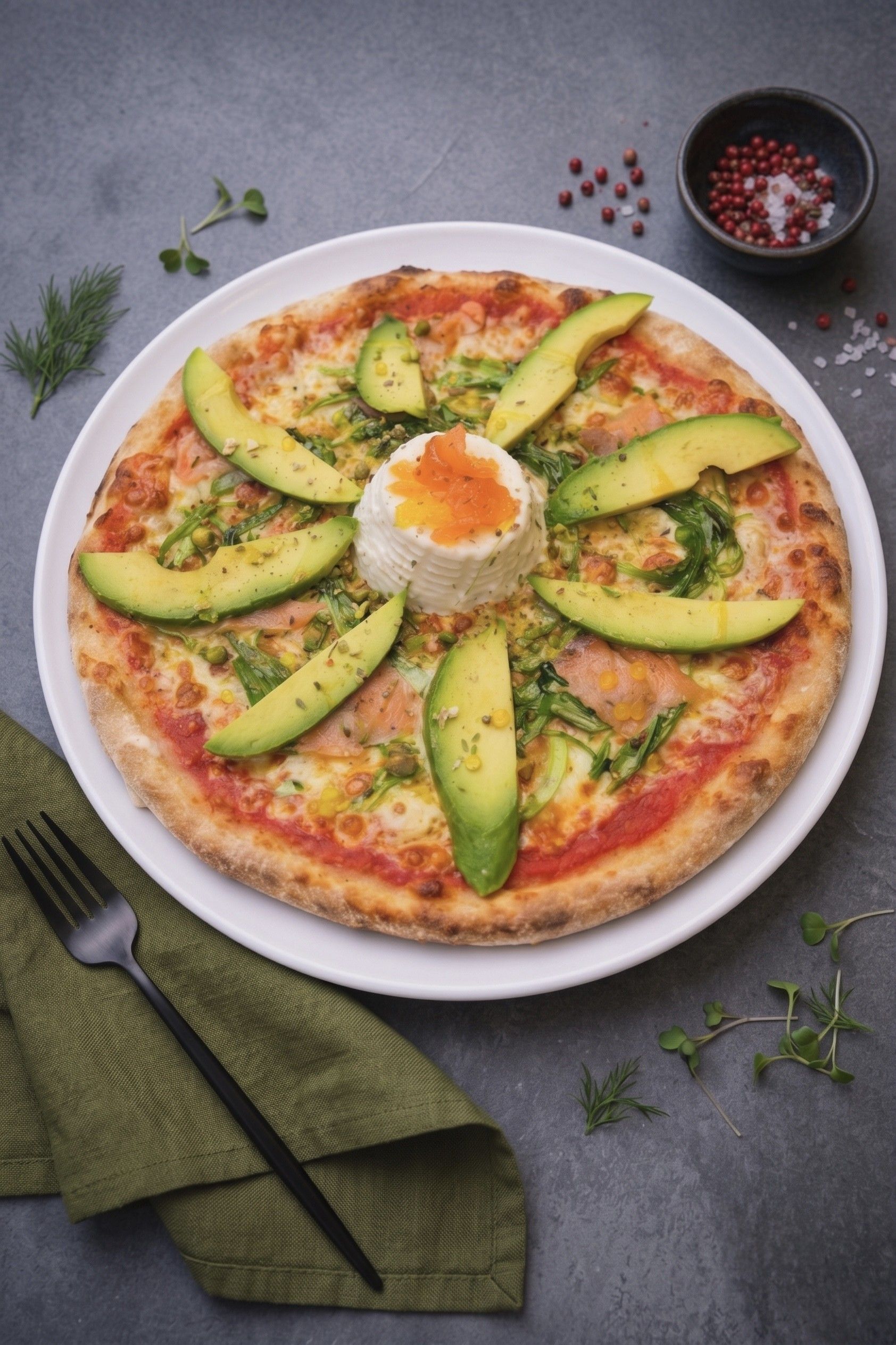 Pizza Salmon Affumicato amb alvocat, burratina fumada i ous de salmó
