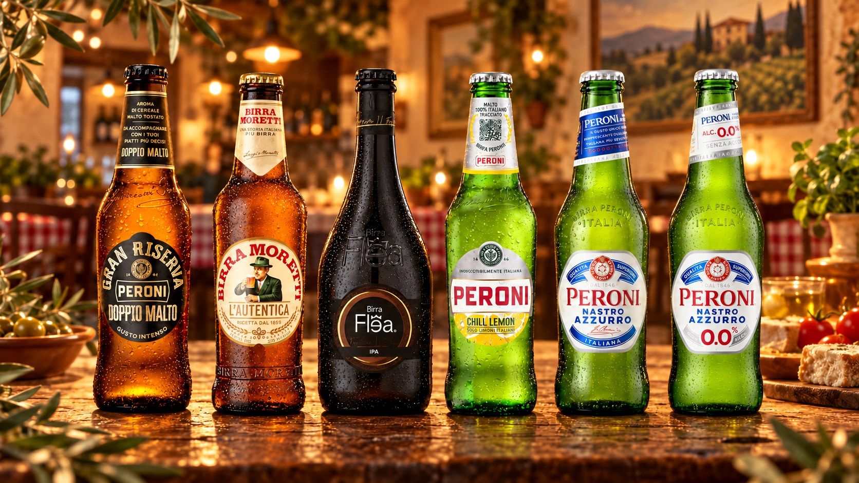 Sis birres italianes en fila: Peroni Doppio Malto, Moretti, Flea IPA, Peroni Chill Lemon, Nastro Azzurro i Nastro Azzurro 0,0