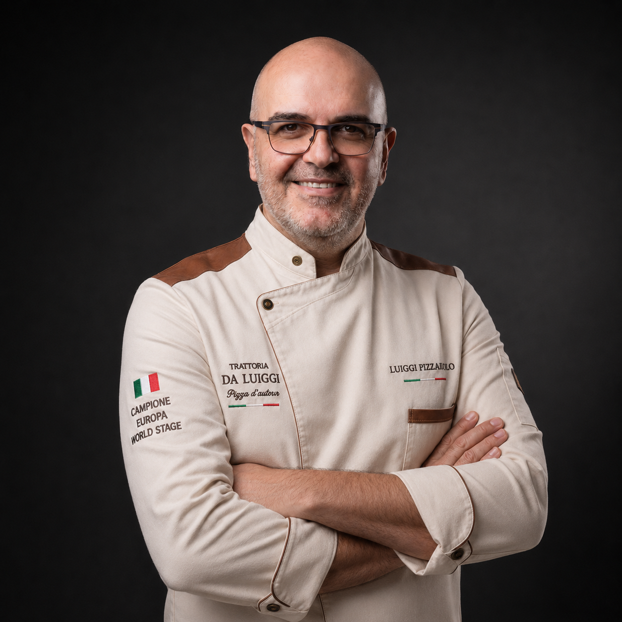 En Luiggi, pizzaiolo de Trattoria da Luiggi, amb la jaqueta de cuiner, somrient i amb els braços creuats