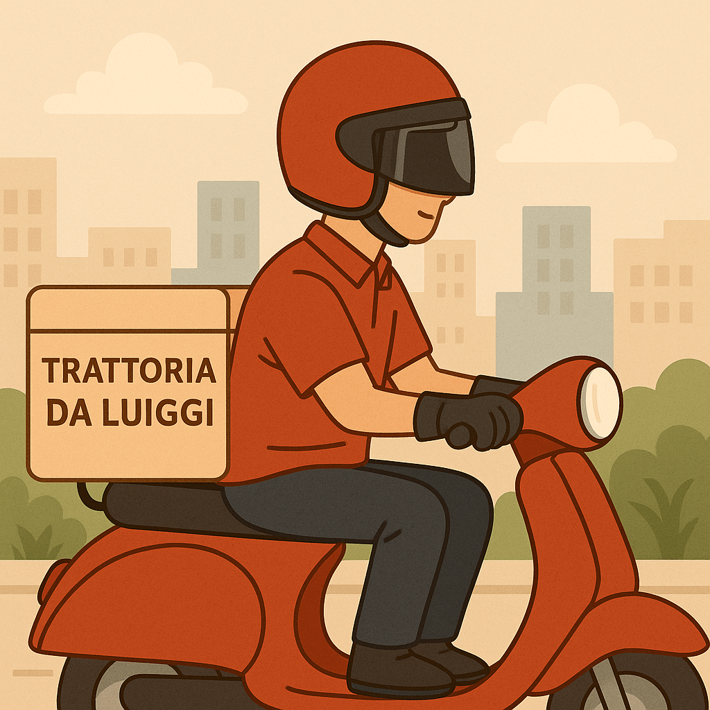 Repartidor de pizzes amb casc en moto vermella de Trattoria Da Luiggi a Olot