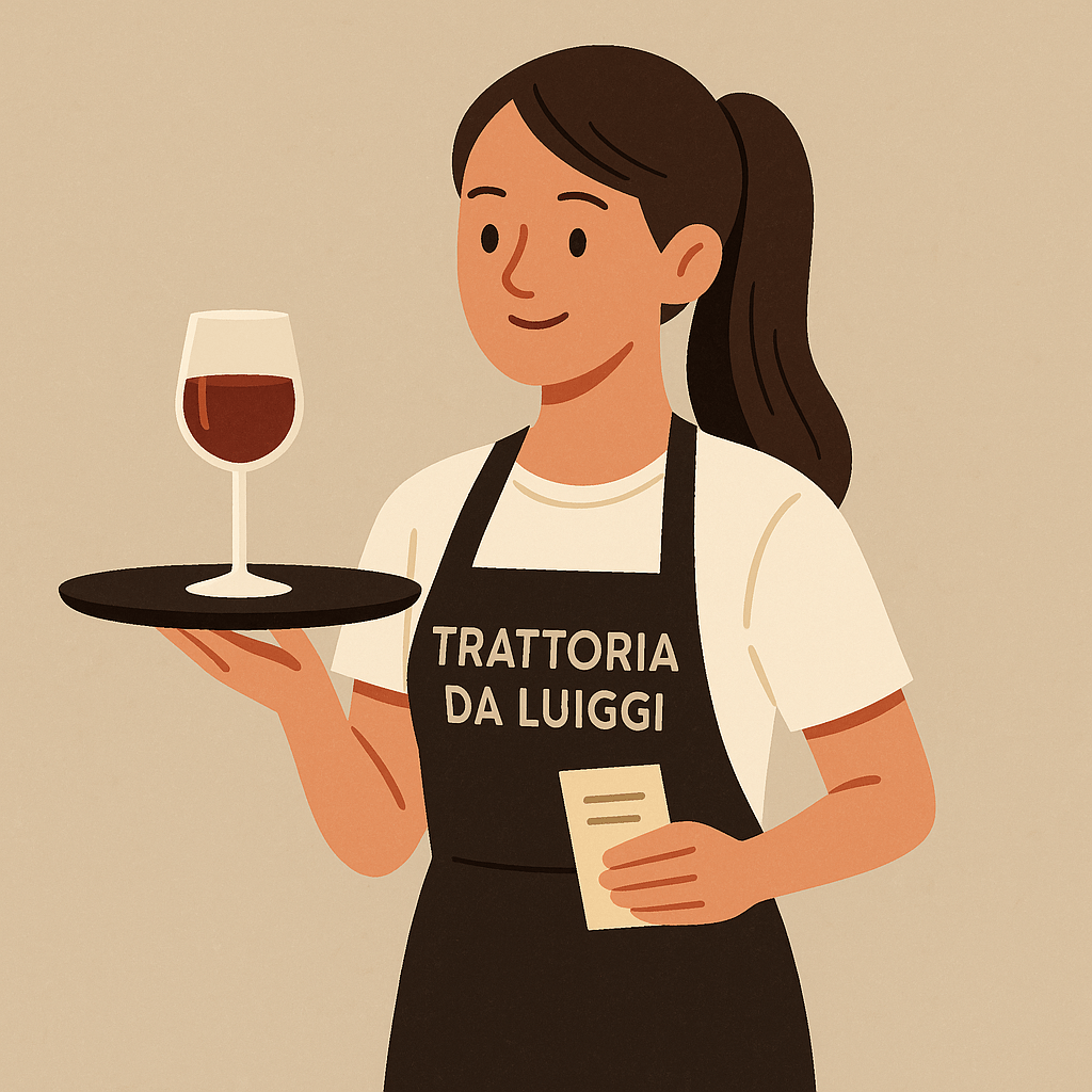 Camarera amb safata i bloc de notes amb uniforme de Trattoria Da Luiggi a Olot