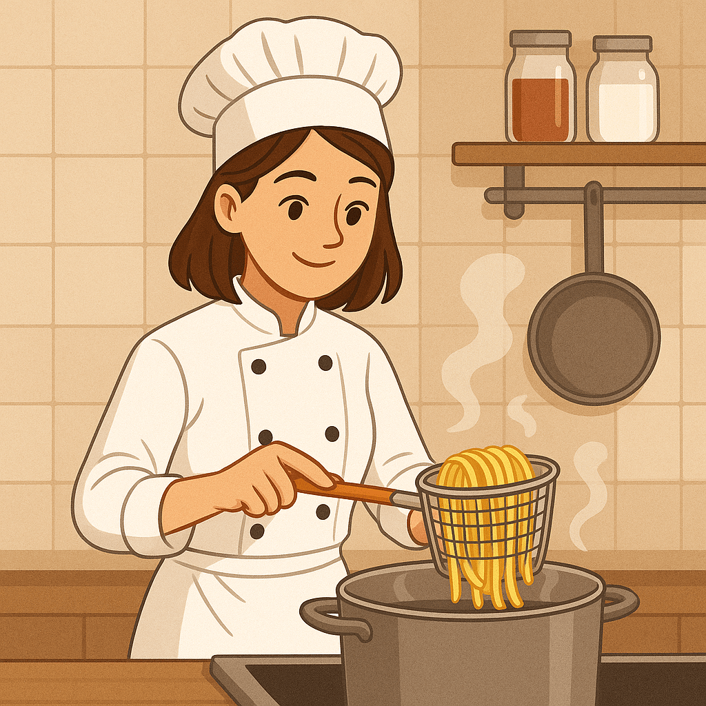 Cuinera jove preparant pasta en una cuina professional – oferta de feina a Trattoria Da Luiggi, Olot