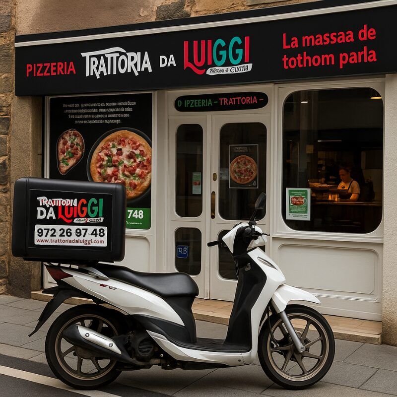 moto de reparto vacía frente al local, o caja de pizzas sin recoger