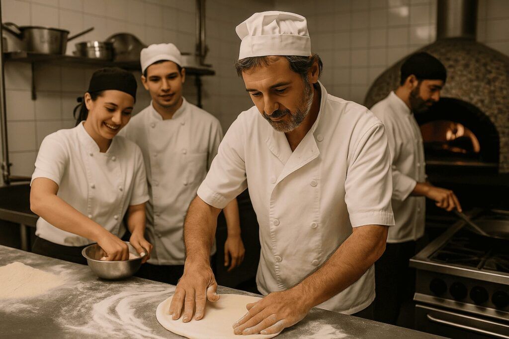 Equipo de Trattoria Da Luiggi elaborando pizzas artesanas con pasión